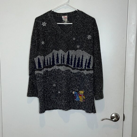 Vintage Disney Winnie the Pooh Winter Women Large Gray Sweater - Picture 2 of 9